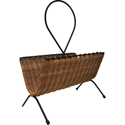 Revistero vintage de ratán y metal lacado en negro, 1950