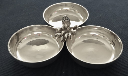 Aarti silver plated metal serving dish with 3 compartments.