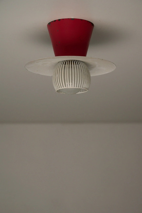 Mid-Century Flush Mount Ceiling Lamp with White Slatted Diffuser, Ceiling lights, Metal, Red (photo 2 of 6)