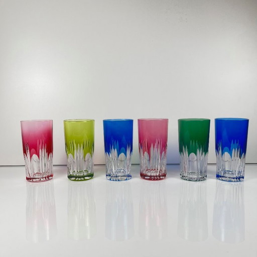 Set of 6 long drink glasses in colored double-layered crystal, 1970s, Eastern Europe