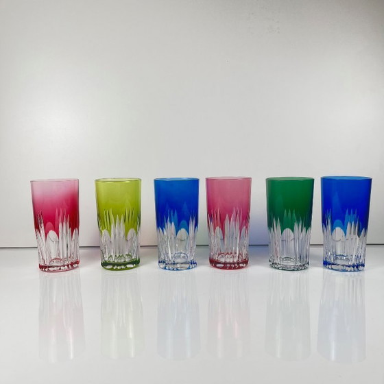 Image 1 of Set of 6 long drink glasses in colored double-layered crystal, 1970s, Eastern Europe