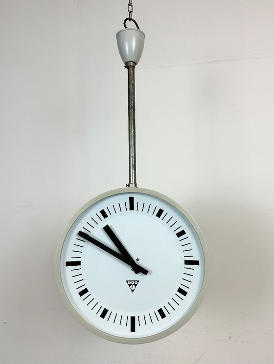 Image 1 of Grey Industrial Bakelite Double Sided Factory Clock from Pragotron, 1980s