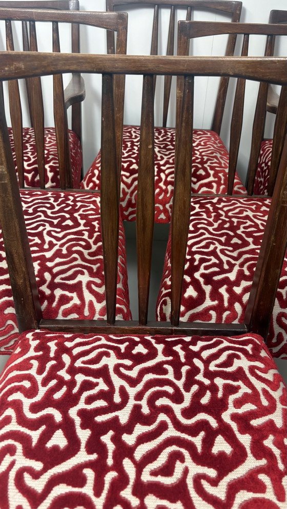 6 sedie da pranzo vintage Gordon Russell in legno con seduta stampata W.H. Curly Coral. – Velvet, Wood (photo 5 of 15)