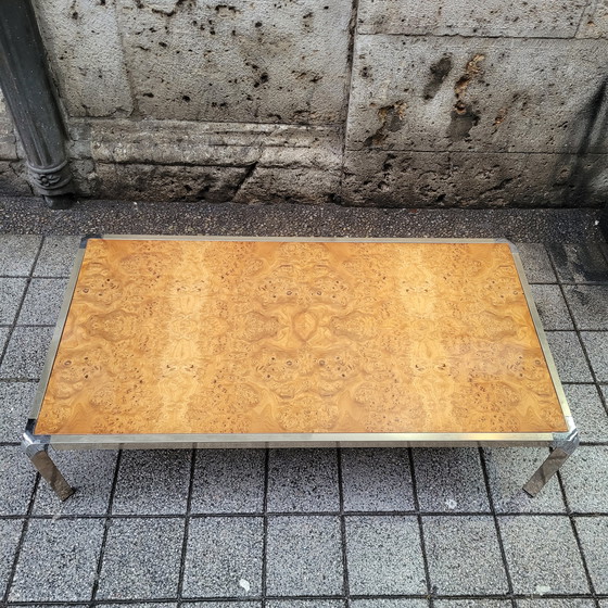 Image 1 of Table basse en bois de ronce et acier, style Guy Lefèvre, années 70 – France