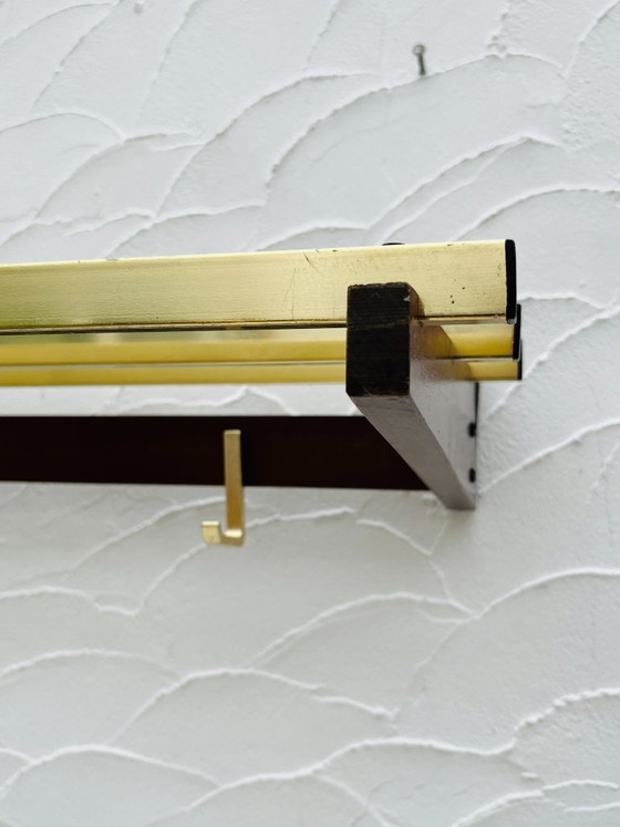 Image 1 of Vintage 1970s wooden and brass wall-mounted coat rack