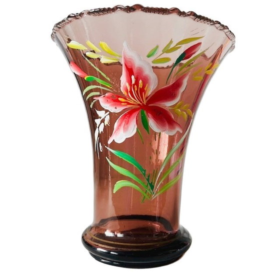 Image 1 of Jarrón Artdeco de cristal rosa con flores pintadas a mano Años 30