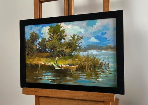 Origineel olieverfschilderij: Zomerlandschap langs de rivier. Zomerse reis langs de rivier.