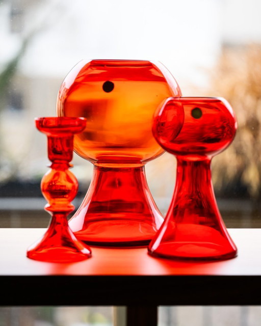 WMF Cari Zalloni Glazen Vaas, Samengesteld Trio, Ruimtevaartdesign, Vintage Futurisme Stijl