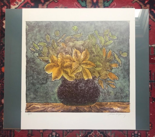 litografia a colori bouquet autunnale di Yolande Bogaerts (1984)