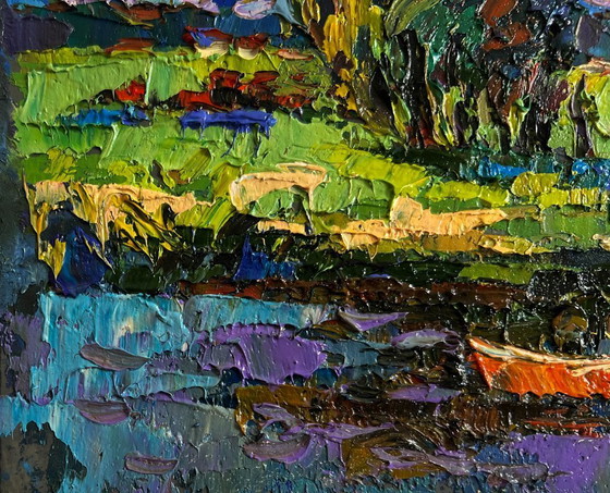 Image 1 of Original Oil Painting Summer Coastal Landscape Sunny day by the river