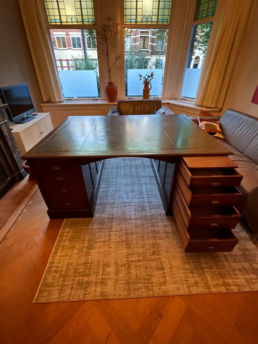 Antique English Partner Desk - Large Desk with Leather Top
