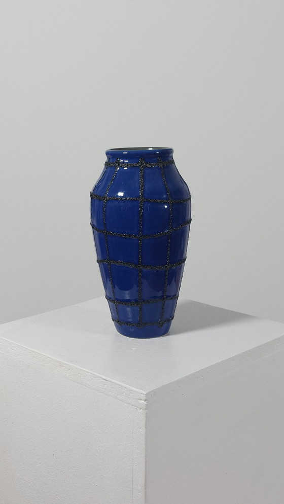 Image 1 of Vintage Ceramic Vase Fat Lava Spiderweb Blue