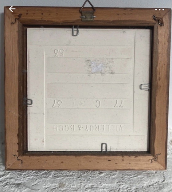 Image 1 of Vintage Delft Blue atmospheric tile with windmill print, framed, size 14x14 cm, blue and white
