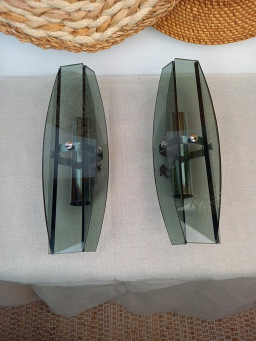 Paar VECA Italiaanse wandlampen voor Fontana Arte - verchroomd staal en kristalglas - jaren '60