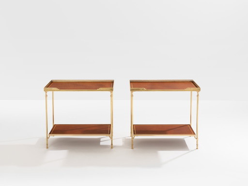 Maison Jansen pair of two-tier side tables brass brown leather 1960s