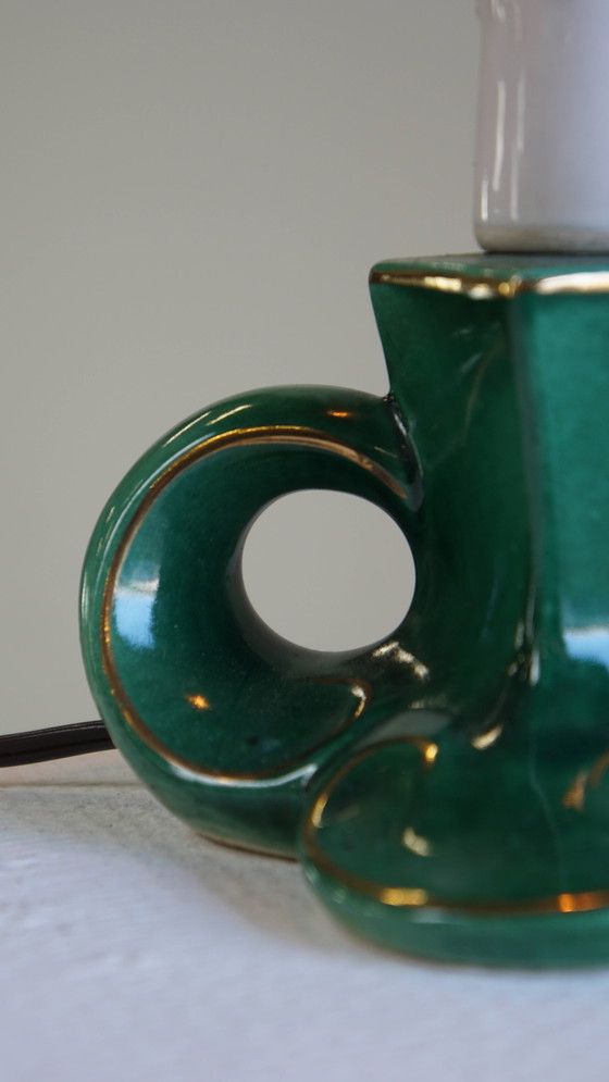Image 1 of Vintage Groen Keramieken Frans Lampje Met Gouden Accenten