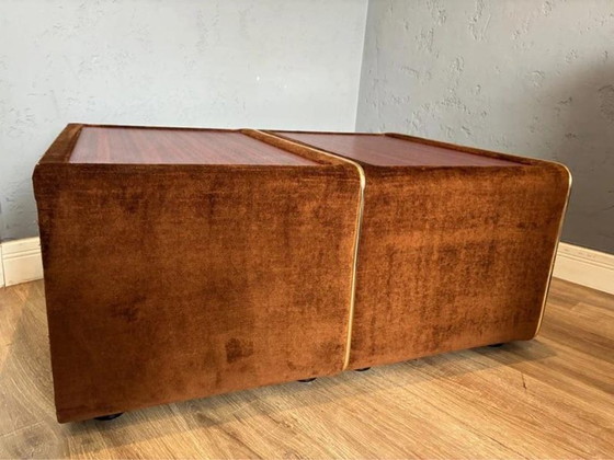 Ruf International Nightstands, Pair Mirrored Bedside Tables 1970s, Wood, Velvet, Brown (photo 6 of 8)