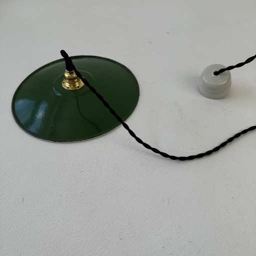 Lámpara colgante industrial vintage de taller esmaltada en verde, 24 cm