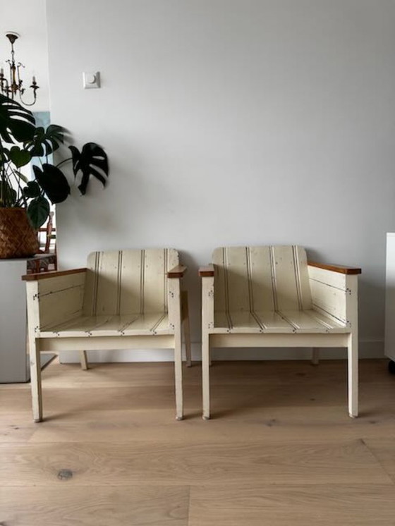 Image 1 of 2 low Piet Hein Eek bucket chairs/armchairs made of reclaimed wood, white