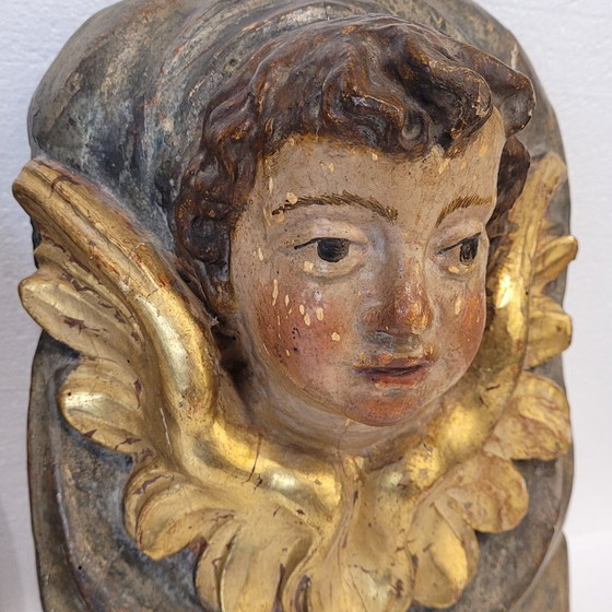 Image 1 of Paire de chérubins en haut-relief, bois polychrome, XVIIIe siècle - Espagne
