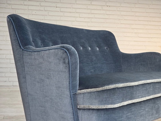 1970s, Danish 2-seater sofa, furniture velour, beech wood., 2 seaters, Velvet, Blue (photo 20 of 21)