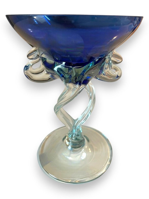 Krosno Polish Gass Art Compote – Cobalt Blue Bowl on Twisted Clear Stem