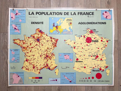 Carte Scolaire Plastifiée "LA POPULATION DE LA FRANCE" M.D.I. Édition 1984, Fabriquée en France