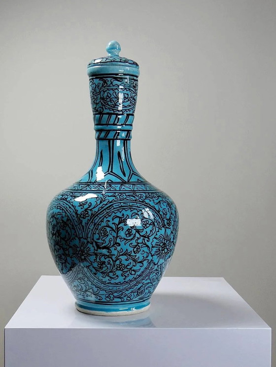 Covered vase or Persian jar, glazed Iznik pottery, vintage turquoise painted., Porcelain, Black (photo 16 of 16)