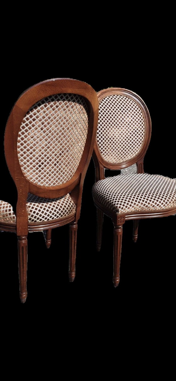 6 Cherry Wood Dining Chairs, Textile, Beige (photo 3 of 6)