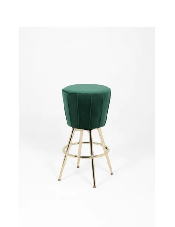 Image 1 of Comptoir de bar en velours émeraude style années 1970 + 4 tabourets de bar