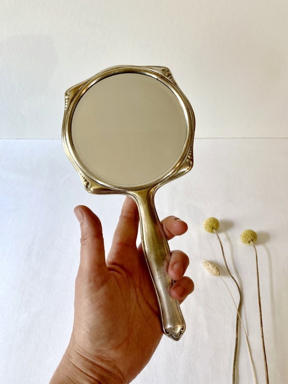 Image 1 of Art-Deco-Handspiegel aus versilbertem Metall und abgeschrägtem Glas – Um 1930