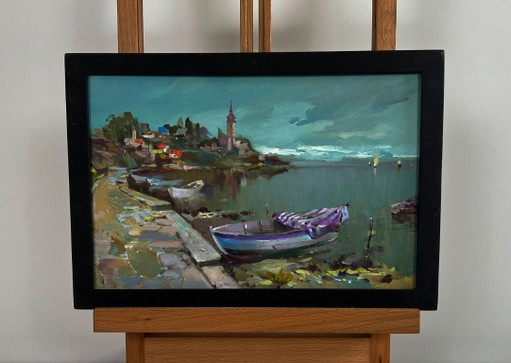 Origineel olieverfschilderij: Somber kustlandschap, stadsboot, veerboot