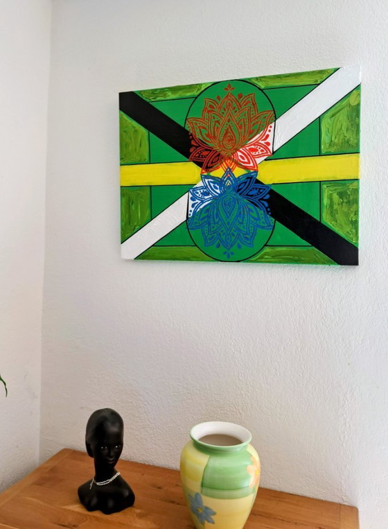Image 1 of Enzo San Marco - Essentiële kleuren op een groene achtergrond - Schilderij van de kunstenaar