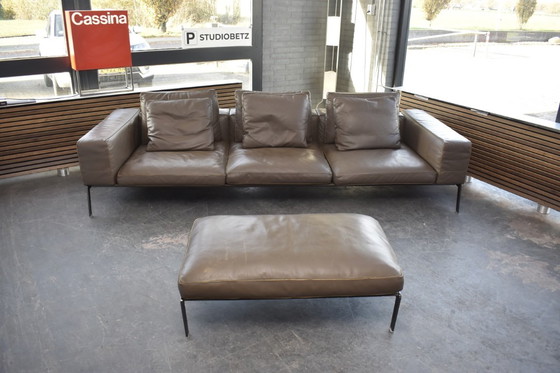 Image 1 of Ensemble canapé et repose-pieds Unique Flexform Lifesteel Pelle en cuir taupe marron