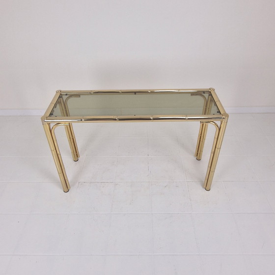 Image 1 of Tavolino rettangolare italiano in ottone, bambù e vetro fumé, anni '70