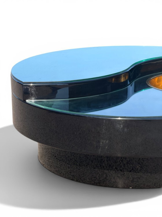 Image 1 of Willy Rizzo Yin-Yang draaibare salontafel - Smaragdgroen glas en lak (circa 1970)