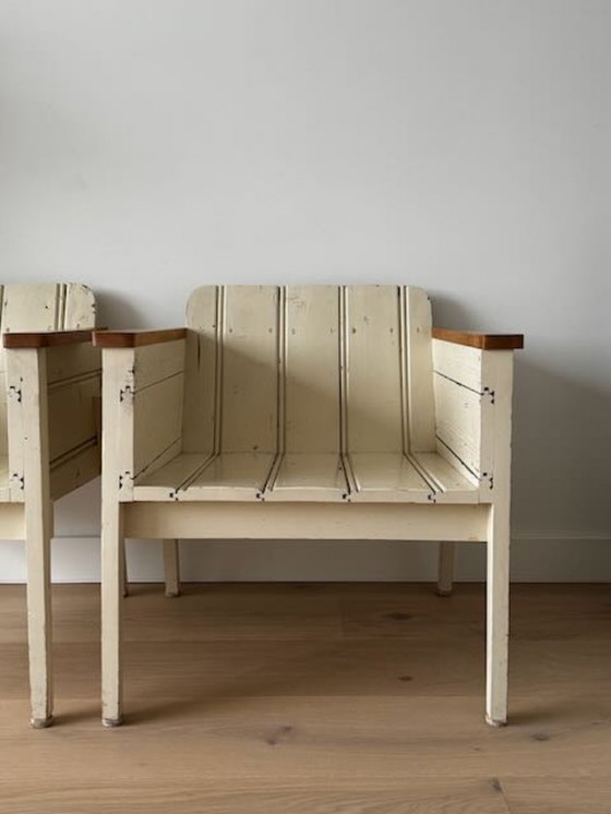 Image 1 of 2 low Piet Hein Eek bucket chairs/armchairs made of reclaimed wood, white