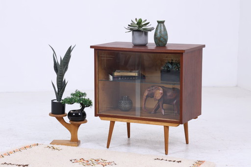 Vintage mini chest of drawers with glass doors 60s | Mid - Century display cabinet hallway cupboard | Retro 70s wood #06-59