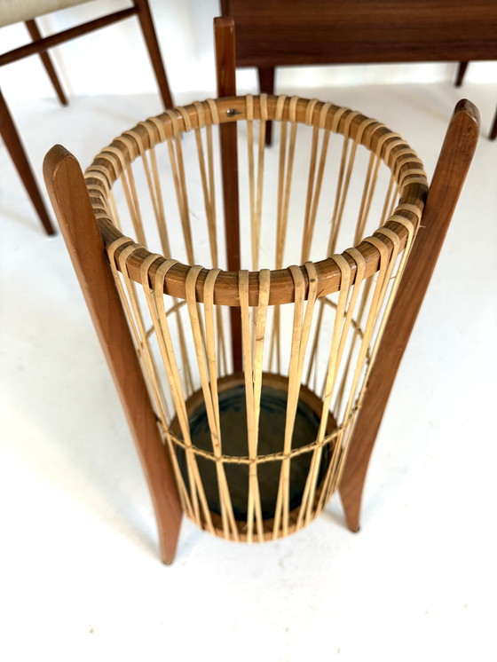 Image 1 of Vintage Danish umbrella stand Teak & rattan 1960s
