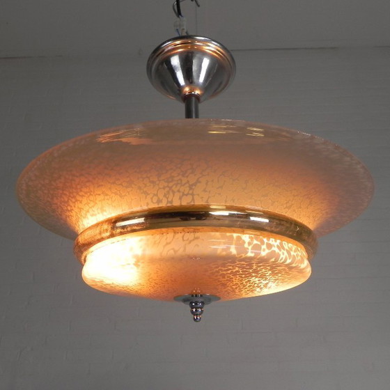 Image 1 of Art Deco hanglamp met glazen schaal van gewolkt glas met een gouden band, jaren 30