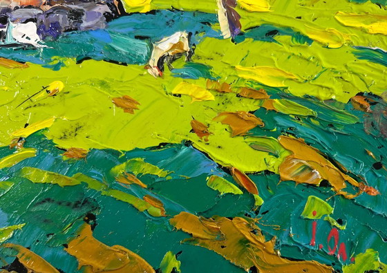 Image 1 of Original Oil Painting Summer House Landscape Forest path to the sunny hut