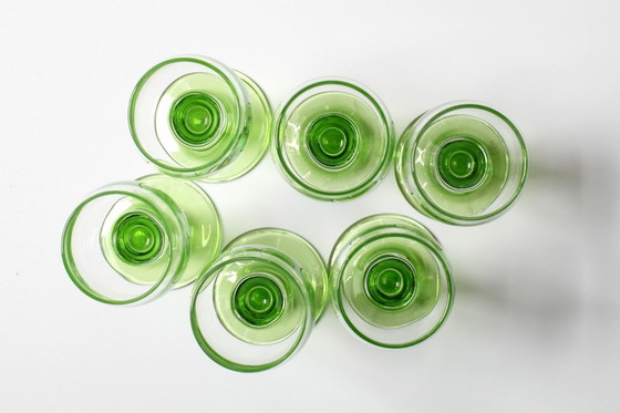 Image 1 of Set of 6 Vintage Limoncino Liqueur Glasses / Green Stem Shot Glasses Bormioli / Italy / 1970s