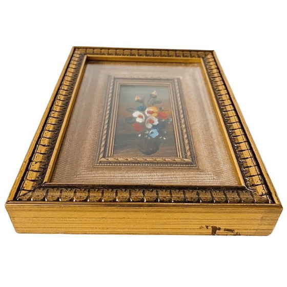 Image 1 of Set Mid-century Italiaanse olieverfschilderijen barok bloemen bloemboeket fluweel goud glas 1950's