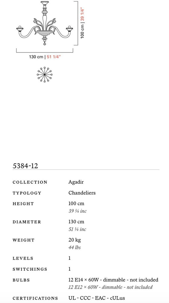 Image 1 of Barovier & Toso Agadir - Glazen kroonluchter met 12 lampen