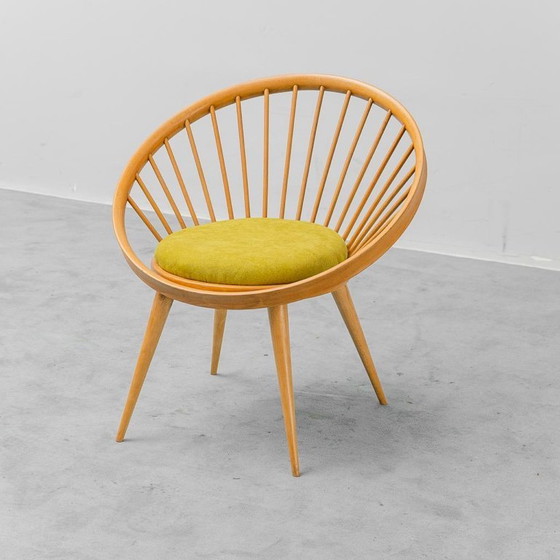 Image 1 of Fauteuil circulaire scandinave vintage années 60 en bois avec tissu vert, antiquités modernes