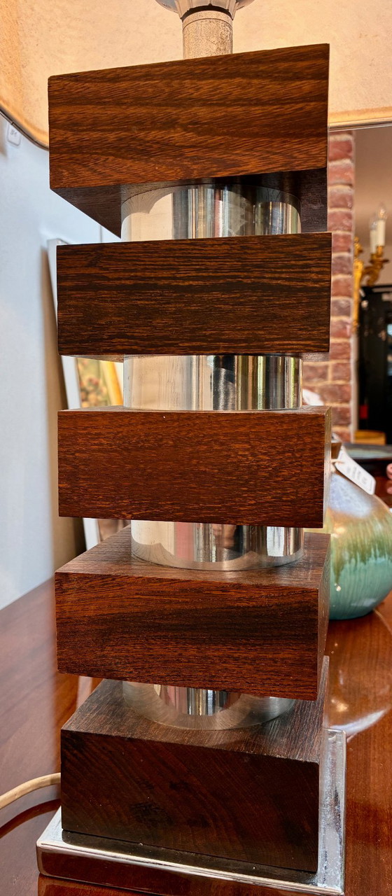Large Vintage Architectural Table Lamp – Stacked Noble Wood & Chromed Metal Base, Rectangular Lampshade (photo 6 of 6)