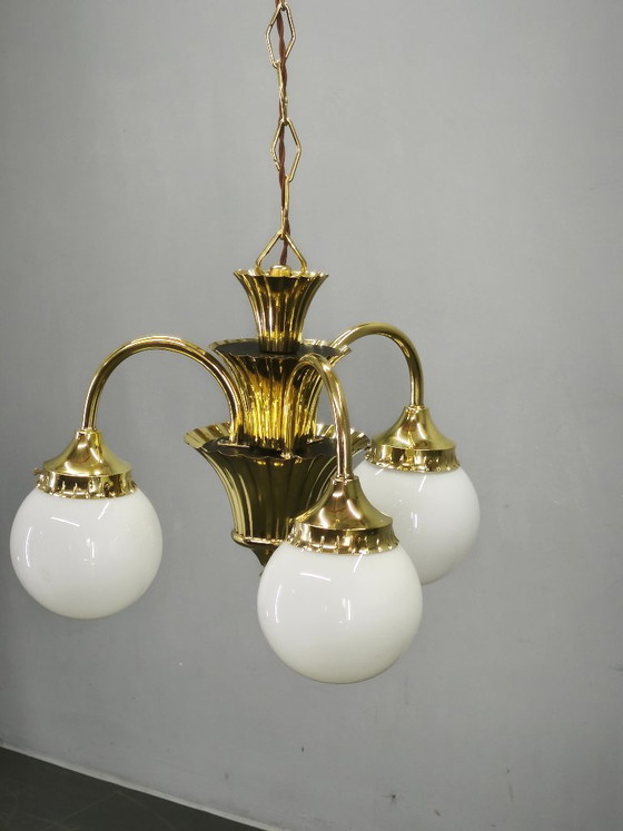 1930s Czechoslovak Art Deco Brass And Opaline Glass Chandelier (photo 12 of 14)
