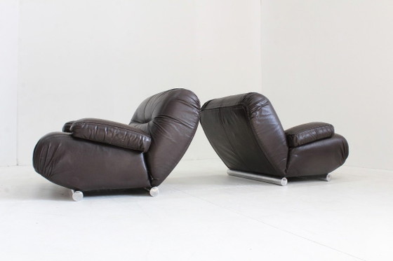 Giuseppe Munari Lounge Chairs Brown Leather 1970s, Italy Set Of 2 – Fauteuils (photo 2 of 9)