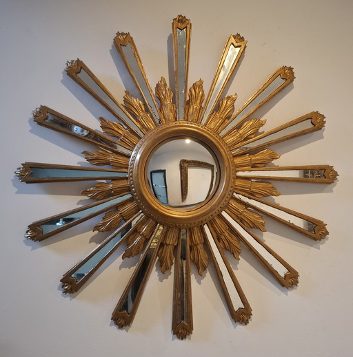 85cm XXL wooden sun mirror from 1962, stamped convex