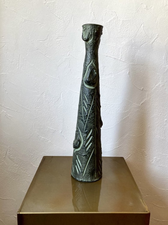 Image 1 of Long, slender vase with stylized Brutalist decoration, in the style of Ballesti (Gerona), 1970s